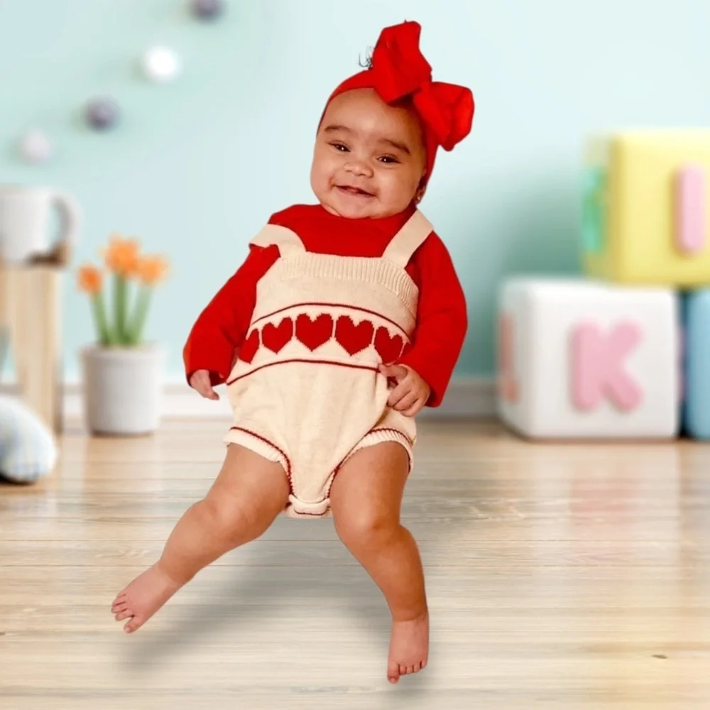 Cat & Jack Red and Cream Heart Knit Romper